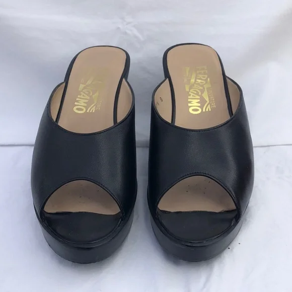 Ferragamo Wood & Leather Platform Peep Toe Slide/Mule w/3” Heel, Black - Picture 15 of 16